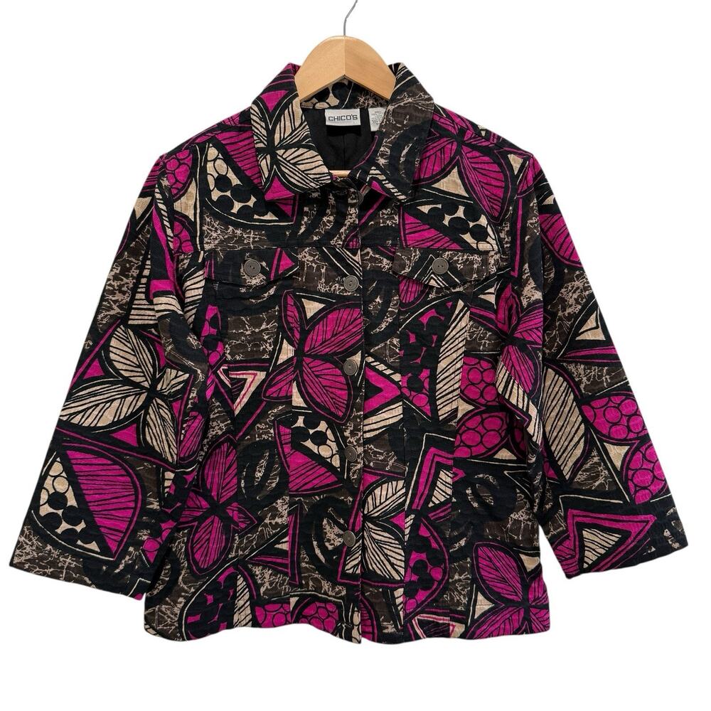 Chico’s‎ Abstract Pink Black Career Blazer Jacket Lined Textured Size 2 L Cotton